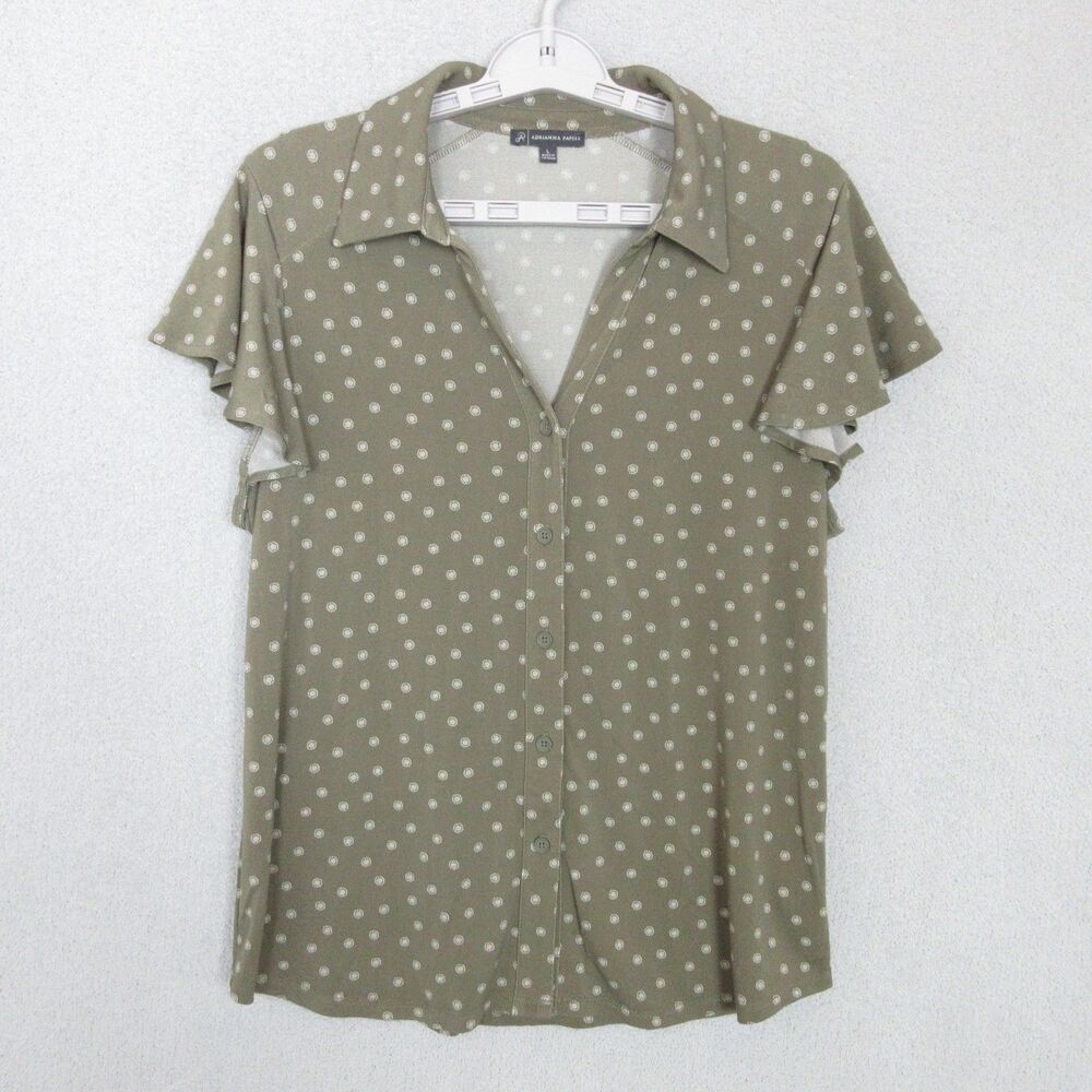 Adrianna Papell Blouse Womens L Olive Polka Dot Button Front Flutter Sleeve